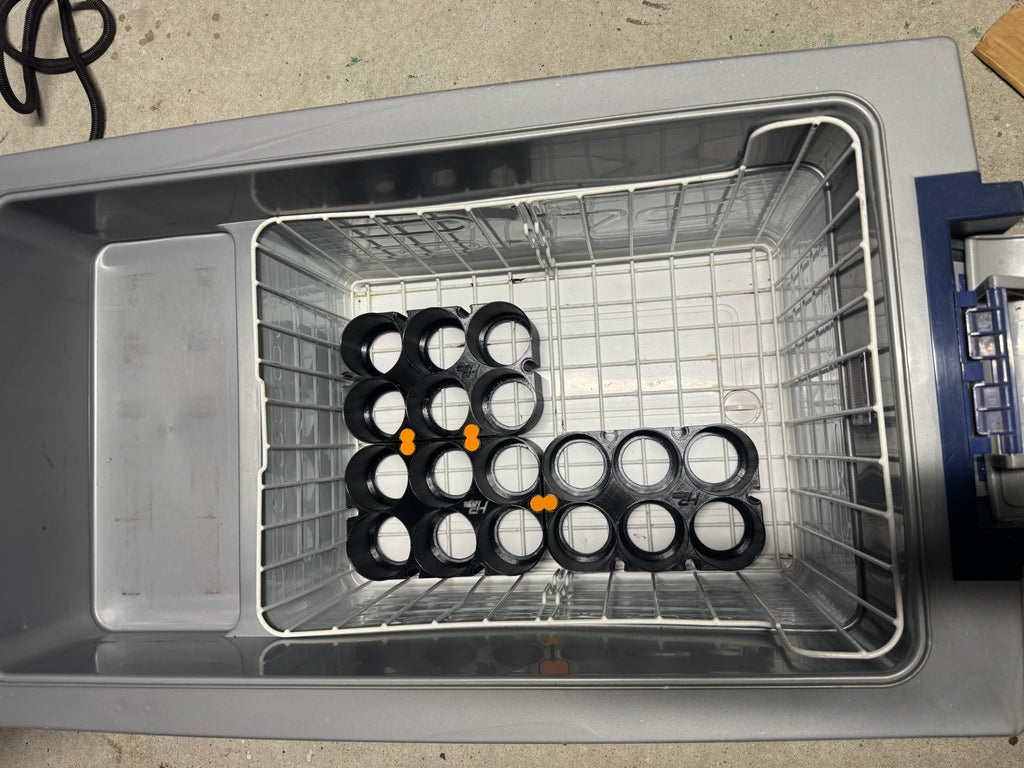 Black Tin - Interlock holders arranged in an L-shaped fridge layout