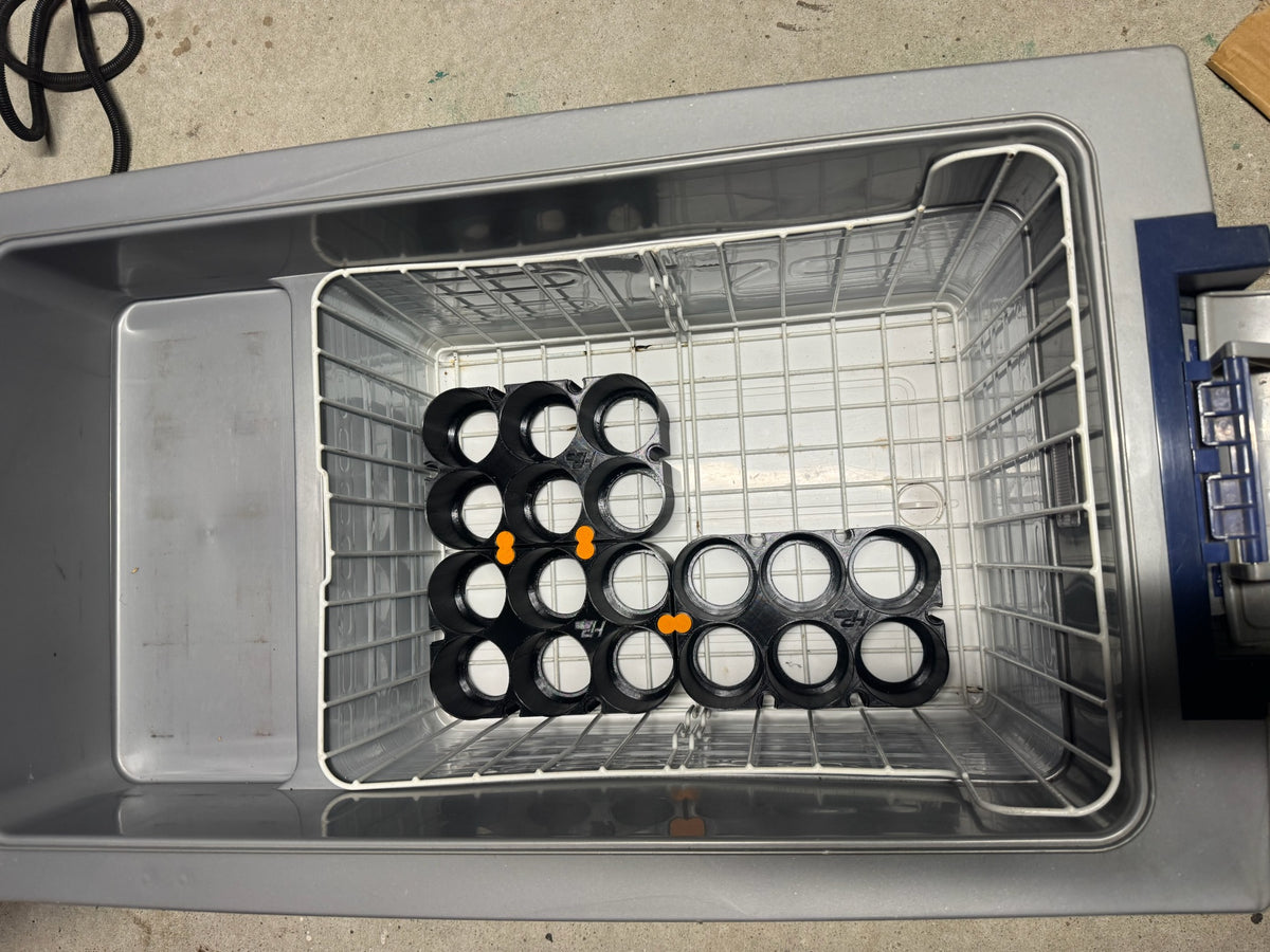 Black Tin - Interlock holders arranged in an L-shaped fridge layout